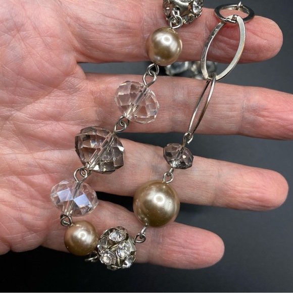 Glass Beads Necklace Silver Tone Chain Faceted Rhinestones - Picture 6 of 8